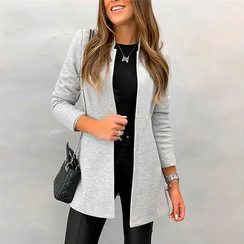 Офисное повседневное Тонкое Пальто классическое женское осенне-зимнее плотый вязаный кардиган с длинными рукавами и стоячим воротником средней длины женский OL костюм пальто - Цвет: 101347-Light Grey