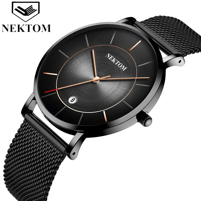 NEKTOM Watch Men Simple Stainless Steel Strap Quartz Clock Top Brand Sport Watches Ultra-thin Wrist Watch Male Accesories 2020