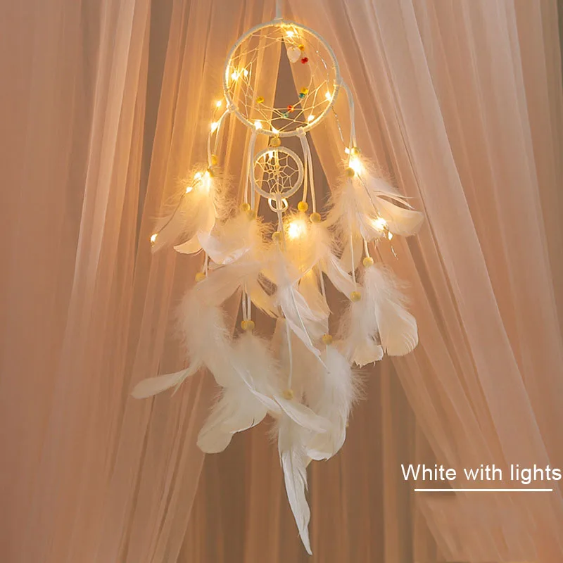 white with lights Ручной работы Ловец снов с пером Настенный декор орнамент День святого Валентина подарки - Цвет: white with lights