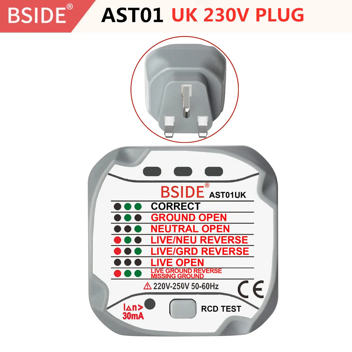 BSIDE AST01UK розетка тест er автоматический детектор полярности электрической цепи настенная вилка с нейтральным живым заземлением тест провода ing RCD тест - Цвет: AST01 UK 230V