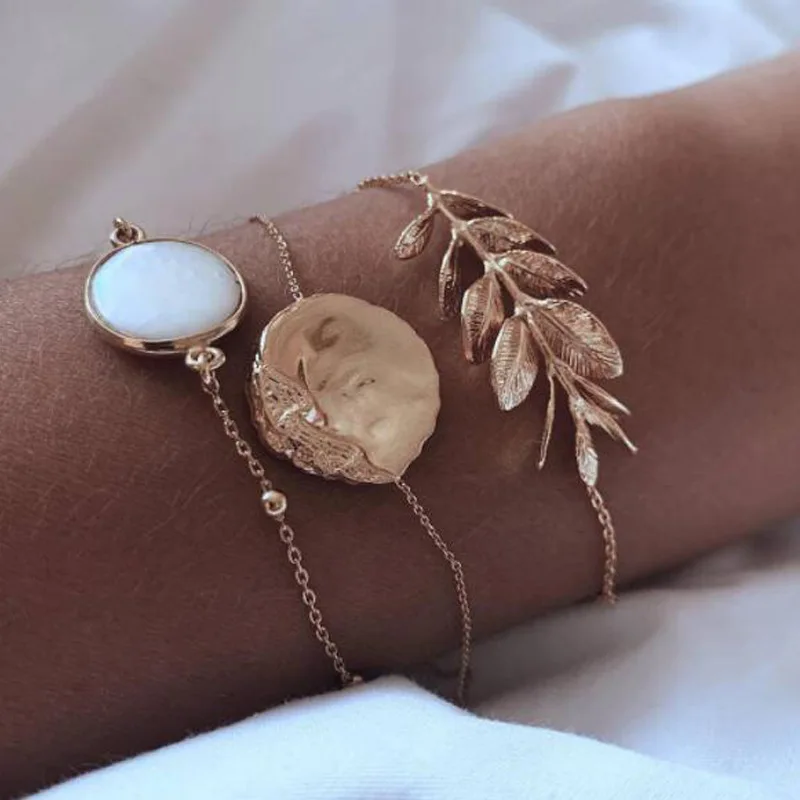 

Metal Leaf Pulseras Mujer Boho Gold Chain Bracelets & Bangles Set Vintage Geometric Charm Bracelet For Women Accessories Jewelry
