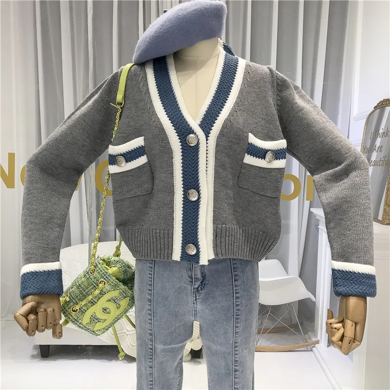 New Autumn Winter Korean Fashion V-neck Knitted Cardigan Short Sweaters Women's Single Breasted Long Sleeve Knitwear Coat