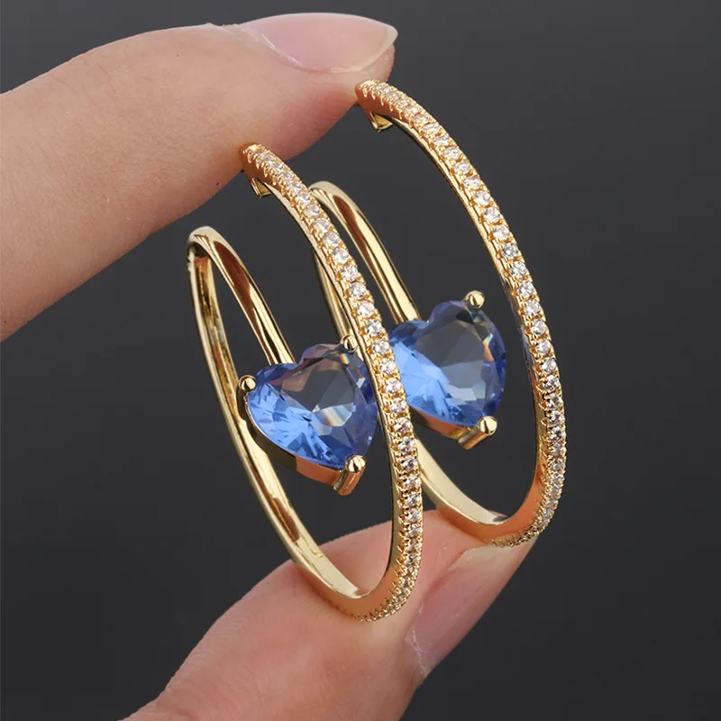 gold color sapphire OMYFUN Заводские модные Эффектные серьги в форме сердца геометрические серьги-кольца для женщин Висячие серьги CZ Pave Semijoyas ювелирные изделия E006 - Окраска металла: gold color sapphire