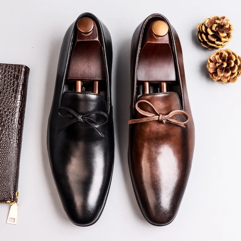 Merkmak New Autumn Men Loafers Genuine Leather Dress Shoes Fashion Bow-knot Slip-on Busniess Formal Shoes Big Size 37-46 Flat