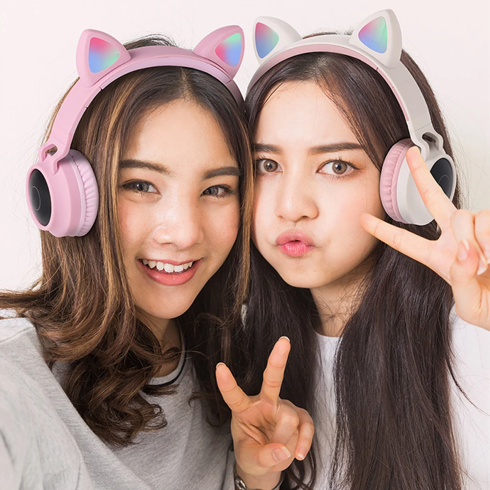 LED Cat Ear Headphones Bluetooth 5 0 Noise Cancelling Adults Kids girl Headset Support TF Card FM Radio With Mic