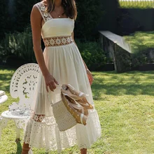 

White Cotton Lace Hollow Long Dress Women's Open Back Thin Shoulder Strap High Waist 2021 Summer Comfortable Dress Women's New