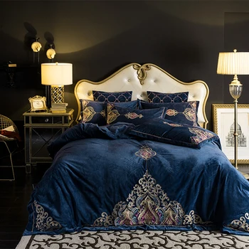 

Chic Embroidery King Queen size Duvet Cover Blue Red Velvet Fleece Warm Bedding set for Winter Bed Sheet set Pillowcases 4/6pcs