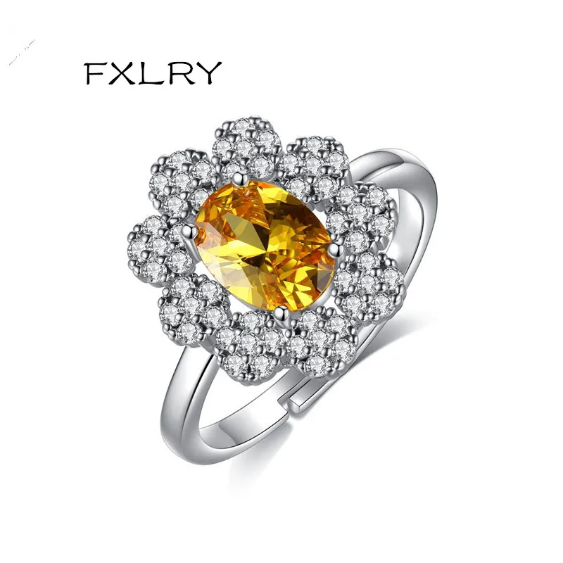 

FXLRY New Romantic White/Yellow Color Cubic Zircon Flower Resizeable Ring for Women Bridal Wedding Engagement Fashion Jewelry