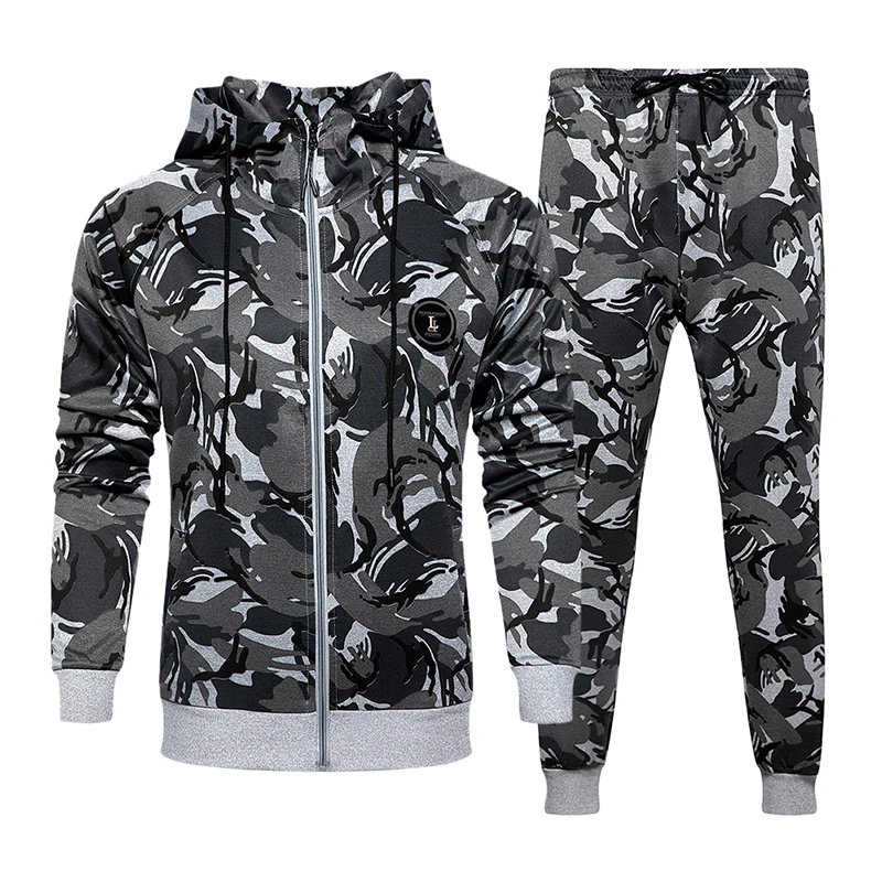 Camo Men Tracksuit Hooded Outerwear Set Mens Winter 2 Pieces Hooded Male Casual Tracksuits Sportswear