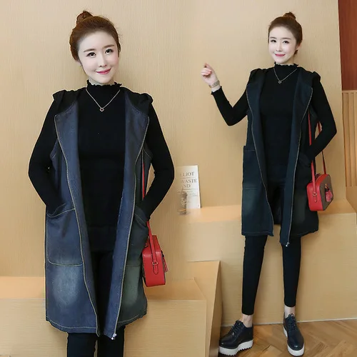 

Loose-Fit Plus-sized Knitted Hooded Denim Jacket Women's Mid-length 2019 Autumn New Style Waistcoat Coat