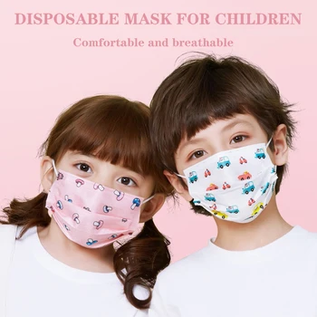 

10-50pcs Childrens Kids Anti-dust Disposable Mouth Masks Earloop Non-woven 3-ply Antifog Face Mask Cartoon Print Blue White Mask