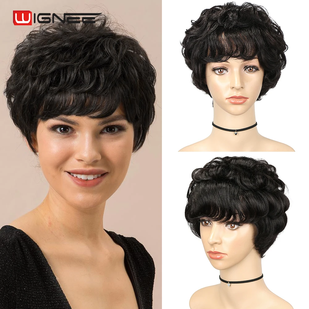 

Парик Wignee из натуральных волос, с короткими волнистыми волосами, с челкой, короткий кудрявый парик для женщин, бразильские волосы, полностью машинное изготовление, парики