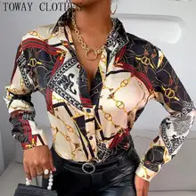 Women Turn Down Collar Long Sleeve Chains Scarf Print Button Design Shirt Blouse Tops tanie tanio POLIESTER spandex CN (pochodzenie) Na wiosnę jesień REGULAR Dla osób w wieku 18-35 lat Wykładany kołnierzyk guzik Pełne