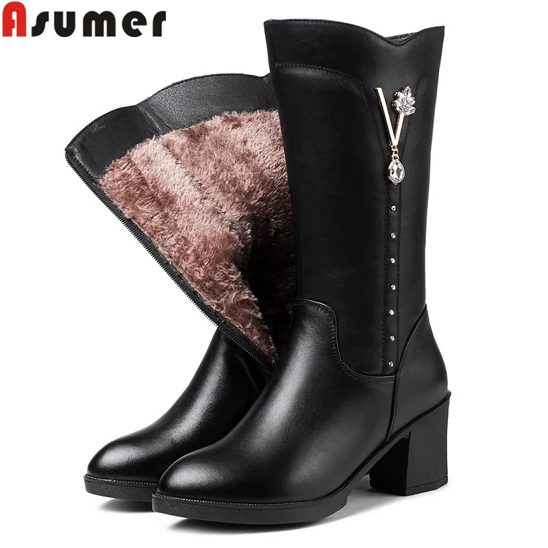 ASUMER/Размеры 35-40, модные ботинки из натуральной кожи женские ботинки до середины икры на молнии с круглым носком Теплые ботинки из овечьей шерсти зимние ботинки