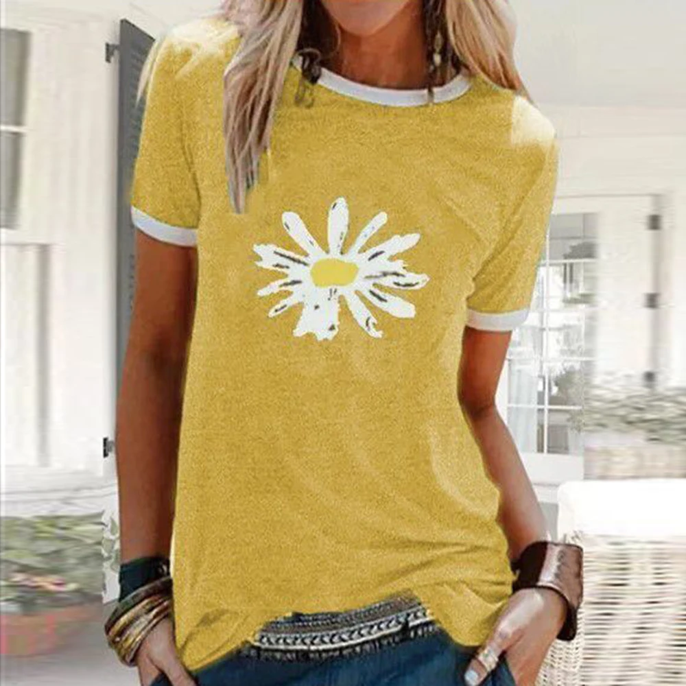 CYSINCOS Women Flower T-shirts Lady Fashion Short Sleeve Clothes Summer Shirt Top Tee O Neck Female Ladies Womens Tee T-Shirt