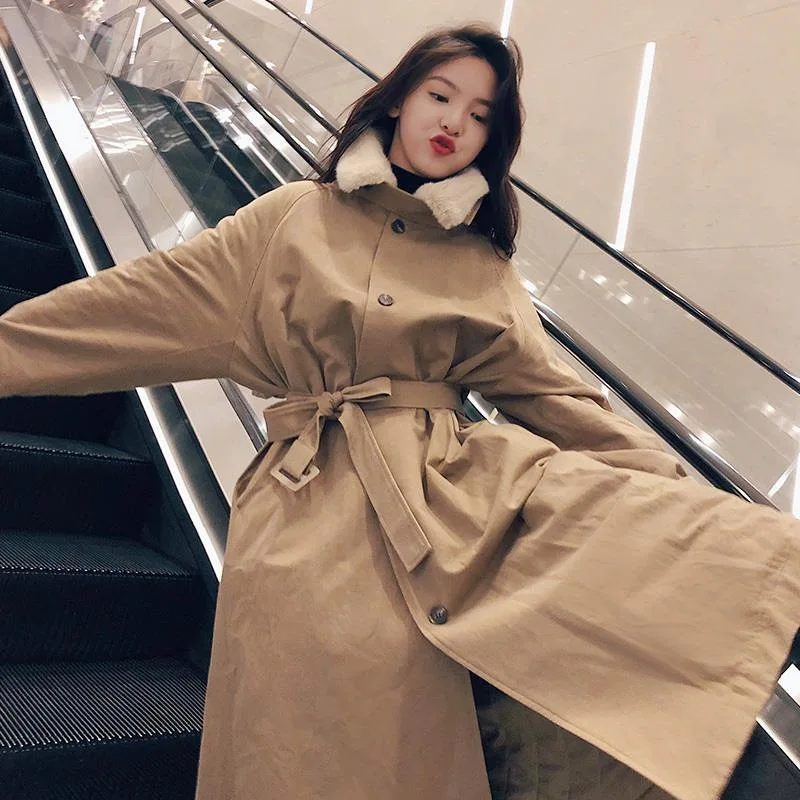 

Photo Shoot Main Push INS Khaki Long Loose-Fit Doubled Fur Collar Waist Hugging Lace-up Simple Workwear Cotton Coat Women's Wint