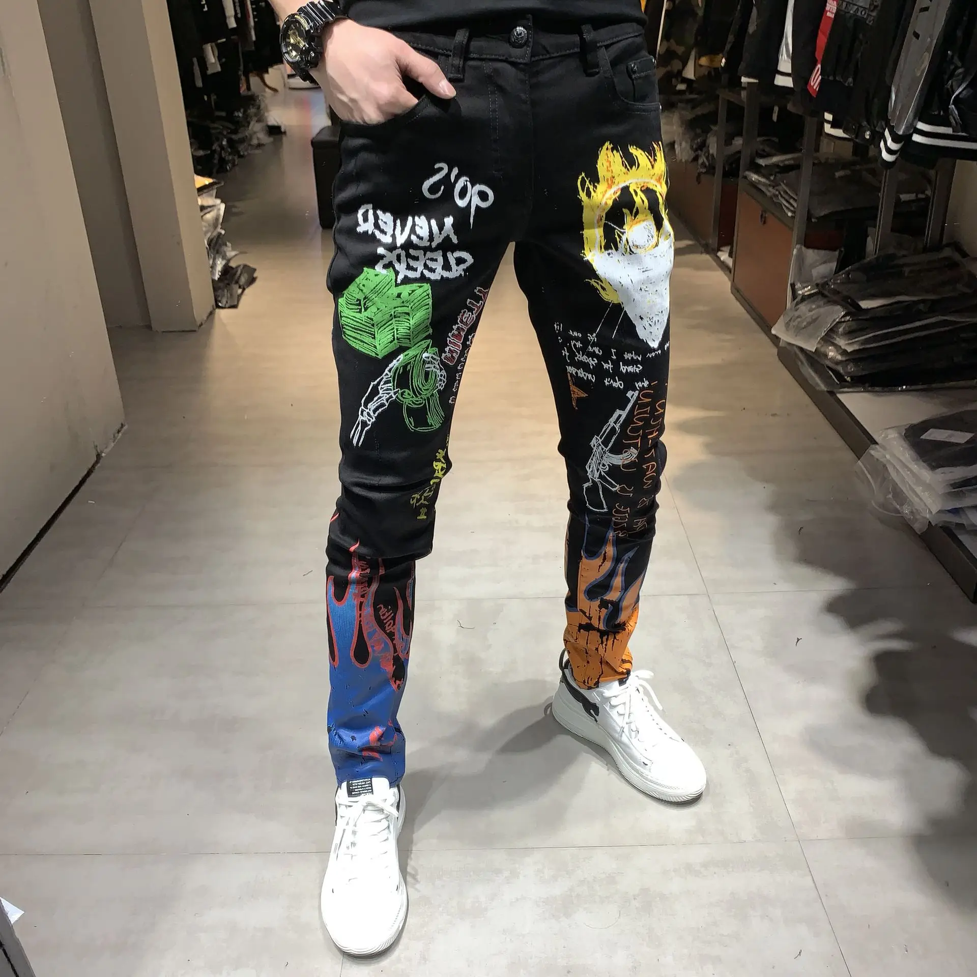 Popular Fashion Streetwear Men Jeans Slim Fit Punk Style Designer Printed Jeans Homme Black Casual Pants Hip Hop Jeans Men Pencil Pants