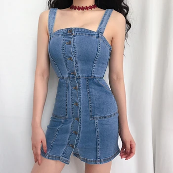 

European and American style street fashion denim dress tight-fitting thin super retro distressed single-breasted suspender skirt