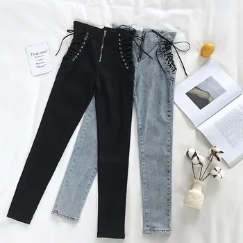 

Jeans Female Denim Pants Lace up on side Womens Jeans plus siz 5XL Stretch High waist Feminino Skinny Pants For Women Trousers