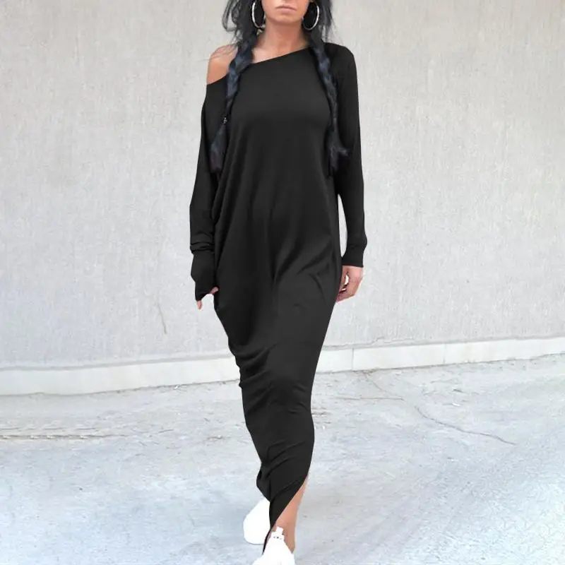 Fashion 5XL Women Maxi Dress Celmia Sexy Off Shoulder Long Dress Autumn Solid Long Sleeve Casual Split Hem Robe Plus Size Dress