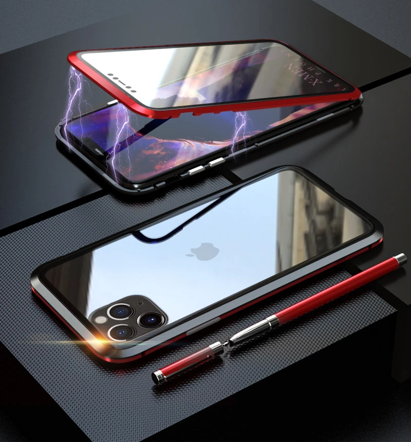 RED-BLACK Для iphone 11 Pro Max Магнитный чехол 360 Передний+ задний двухсторонний 9H закаленное стекло чехол для iphone 11 металлический бампер чехол - Цвет: RED-BLACK