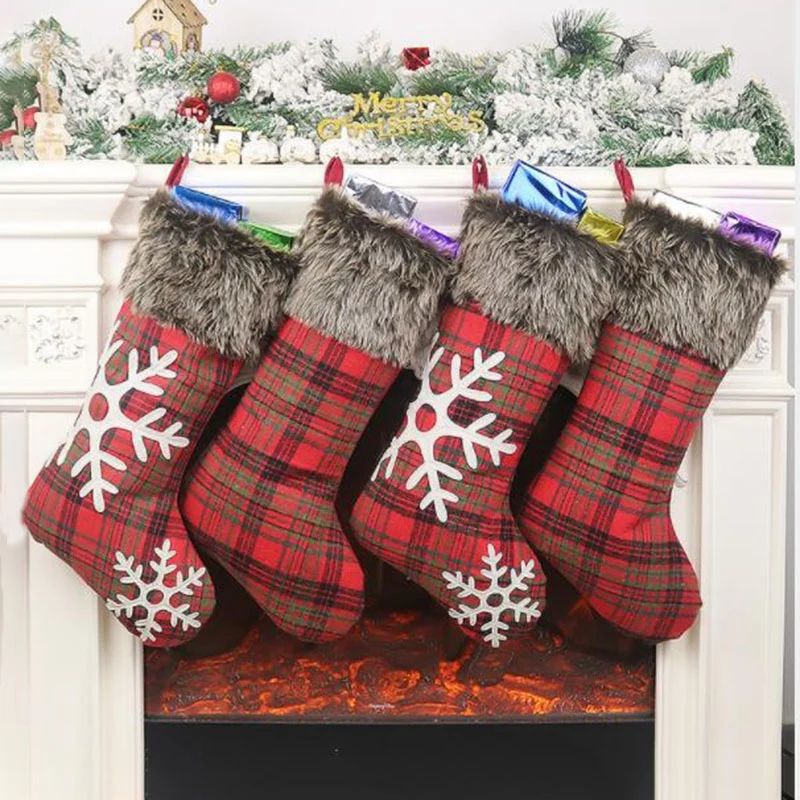 

Christmas Stockings,4 Pcs 18 Inches Burlap with Large Plaid Snowflake Stockings, for Family Holiday Xmas Party Decorations
