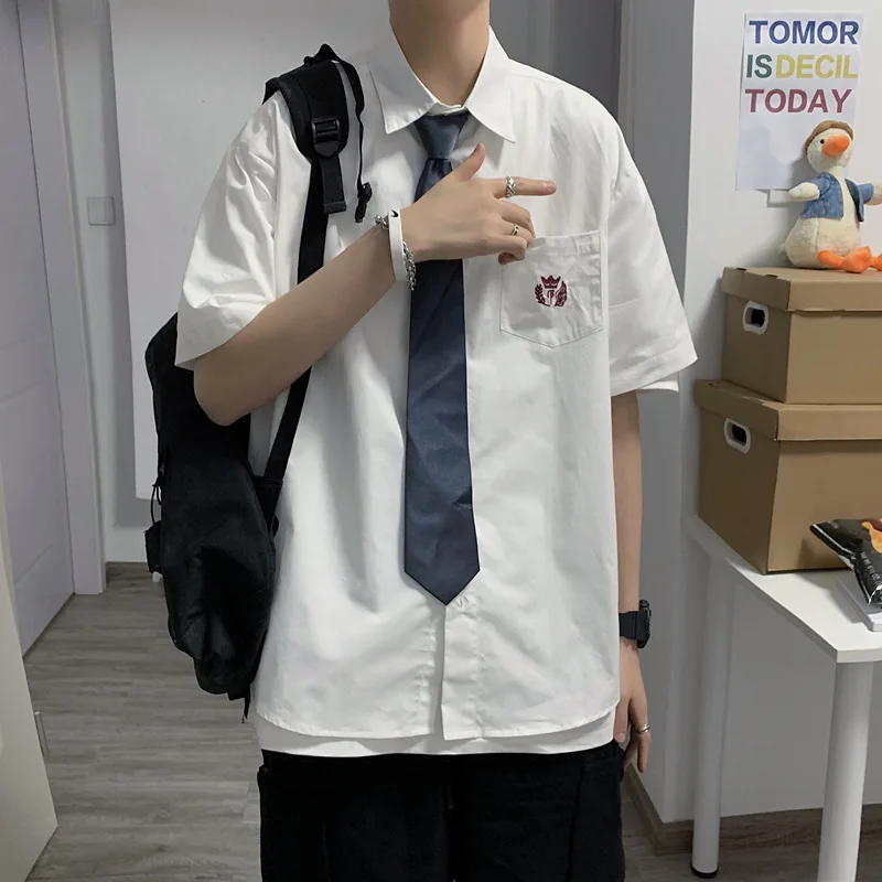 

2020 Summer New Style DK Uniform Men's College Style White Base-Ruffian Handsome Shirt Trend Hong Kong Style Short Sleeve Shirt