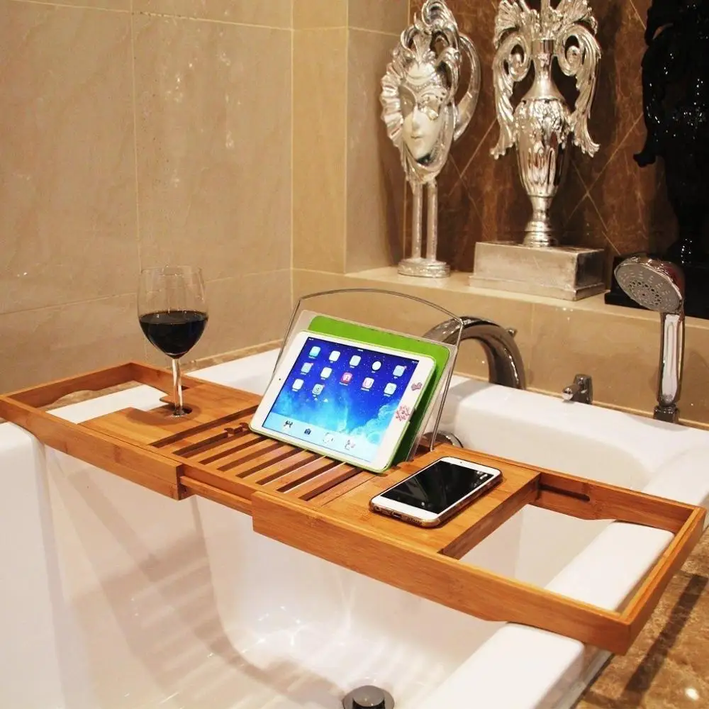 Extendable Bathroom Shelf Bathtub Shower Tray Bamboo Bath Tub Rack Towel Wine Book Holder Storage Bandeja ba&ntilde;era полка для ванно