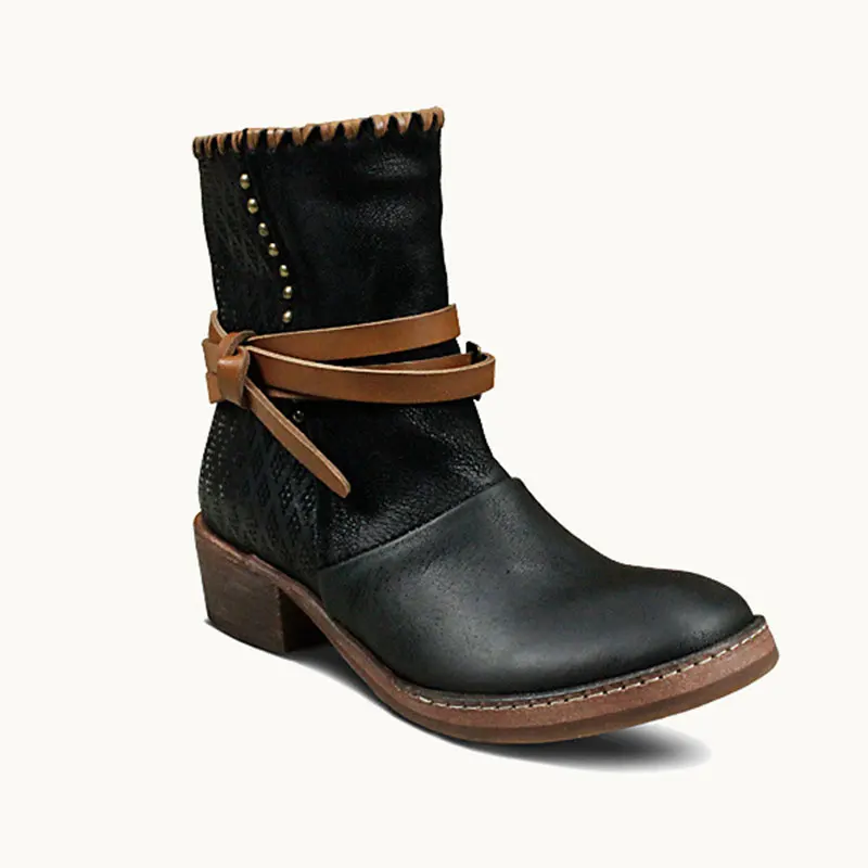 

Women's Handmade Genuine Leather Platform Chunky Low Heel Motorcycle Booties Retro Martin Boots Cowboy Western Boots with Belt