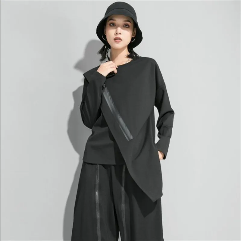 Autumn Women T-shirt Girl Casual Zipper Asymmetrical long sleeve t-shirt O-neck Blusas Women Tops Fashion Coat Clothes