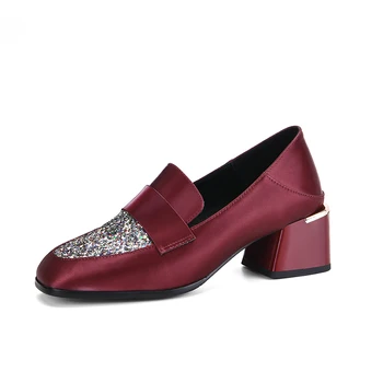 

Green red High Heels Genuine Leather women pumps square Toe Party Shoes Woman Spring Summer Brand Office ladies Shoes