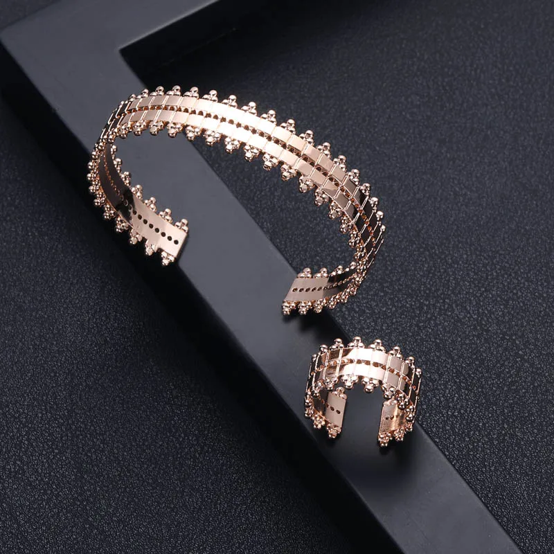 2 Rows-Rose Gold Роскошный Уникальный Африканский браслет кольцо наборы для женщин Свадебные кубический циркон Кристалл CZ Дубай Свадебные Ювелирные наборы - Окраска металла: 2 Rows-Rose Gold