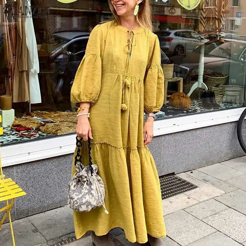 

Women's Autumn Sundress ZANZEA 2020 Elegant Puff Sleeve Maxi Dress Casual Ruffle Long Vestidos Female Solid Party Robe Femme 5XL