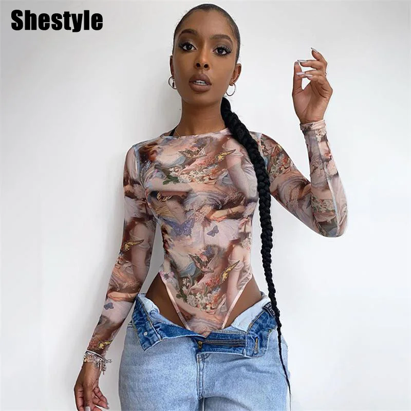 Shestyle-Ángel impreso de mariposa para mujer, bodys ajustados, Sexy, de cuello redondo, monos de cuerpo abierto en la entrepierna, novedad de 2020