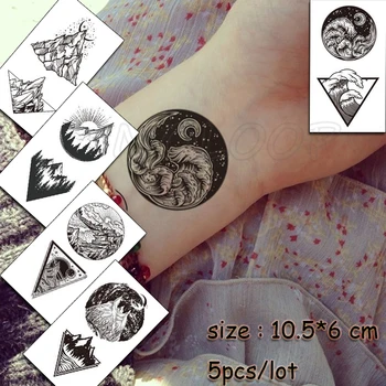

5 Pcs Temporary Tattoo Sticker moon sun wave planet tree hill waterproof fake Tatto Tatoo black art for girl woman kid man