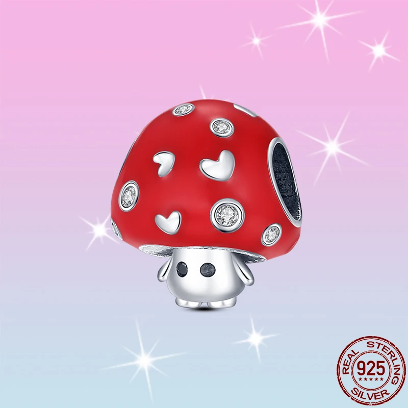 HOT SALE Silver Color Rose Red Cute Little Mushroom Charm Beads Fit Original Pandach Bracelet Pendant Necklace Jewelry hot sale silver color balloon plane star travel dangle charm beads fit original pandora bracelet silver color jewelry gift