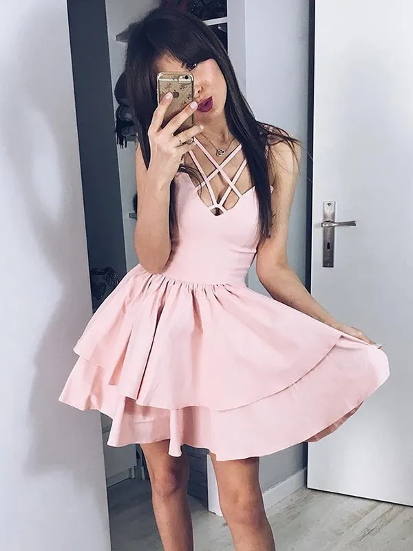 Sexy Homecoming Dress A-Line/Princess Satin Spaghetti Straps Sleeveless Ruffles Short/Mini Dresses for Party