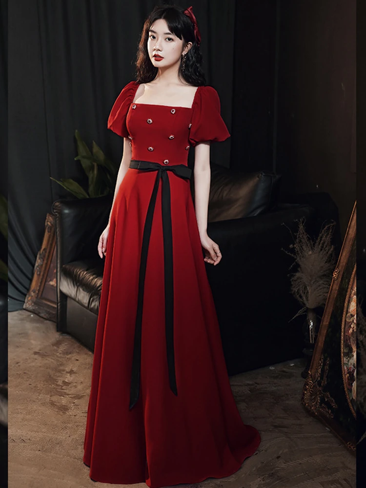 de rojos elegantes franceses, vestido de fiesta cumpleaños de manga corta con lazo y cuello en U, vestido Formal largo de graduación, vestidos blancos|Vestidos de noche| - AliExpress