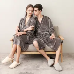 Зимняя пара велюровые ночные рубашки для мужчин и женщин унисекс Мягкая Пижама длинный халат с поясом