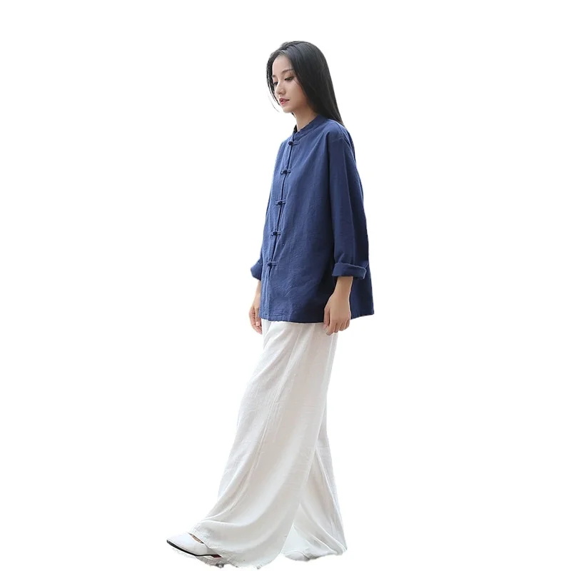 Women Long sleeve Shirt Autumn Chinese style Shirt Blouse Cotton Linen Vintage Qigong Tai Chi clothes V1997