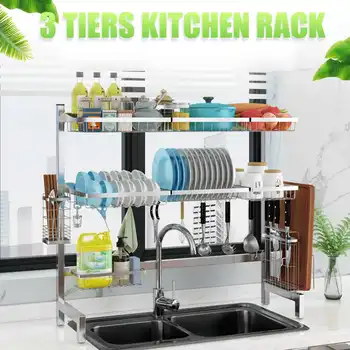 

3Tier Stainless Steel Kitchen Shelf Organizer Dishes Drying Rack Over Sink Drain Rack Kitchen Storage Holder 62/72/82/92/102cm