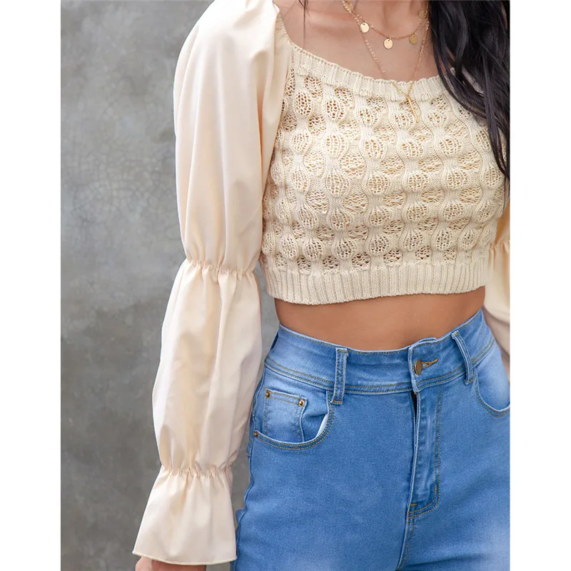 New Women's Puff Sleeve Knit Top Long Sleeve Round Neck Short T-shirt Sexy Casual Pullover Party Clothing Street Wear