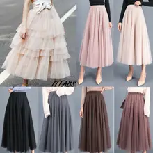Новинка, модная женская юбка из тюля и сетки, эластичная юбка с высокой талией, повседневные многослойные плиссированные макси длинные юбки