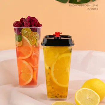 

50pcs Transparent disposable cold and hot drink plastic cups 500ml/700ml yogurt fruit milk tea coffee disposable cups with lid
