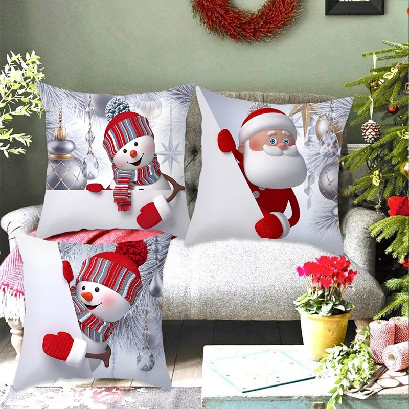 Snowman Christmas Cushion Cover Merry Christmas Decorations for Home 2023 Cristmas Sofa Decor Navidad Xmas Gifts New Year 2024