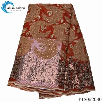 

Alisa fashion sequin lace fabric french embroidery with stones high quality african net lace nigeria mesh fabric for party dress