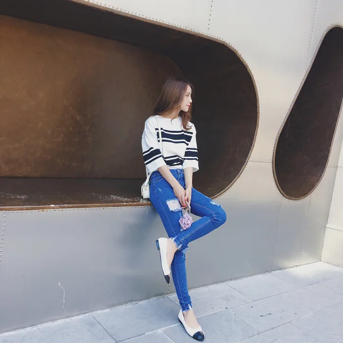 Осень г. Костюмы стиль корейско-Стиль универсальная обтягивающая модель для похудения с дырами узкие брюки-карандаш Для женщин Высокая талия джинсы