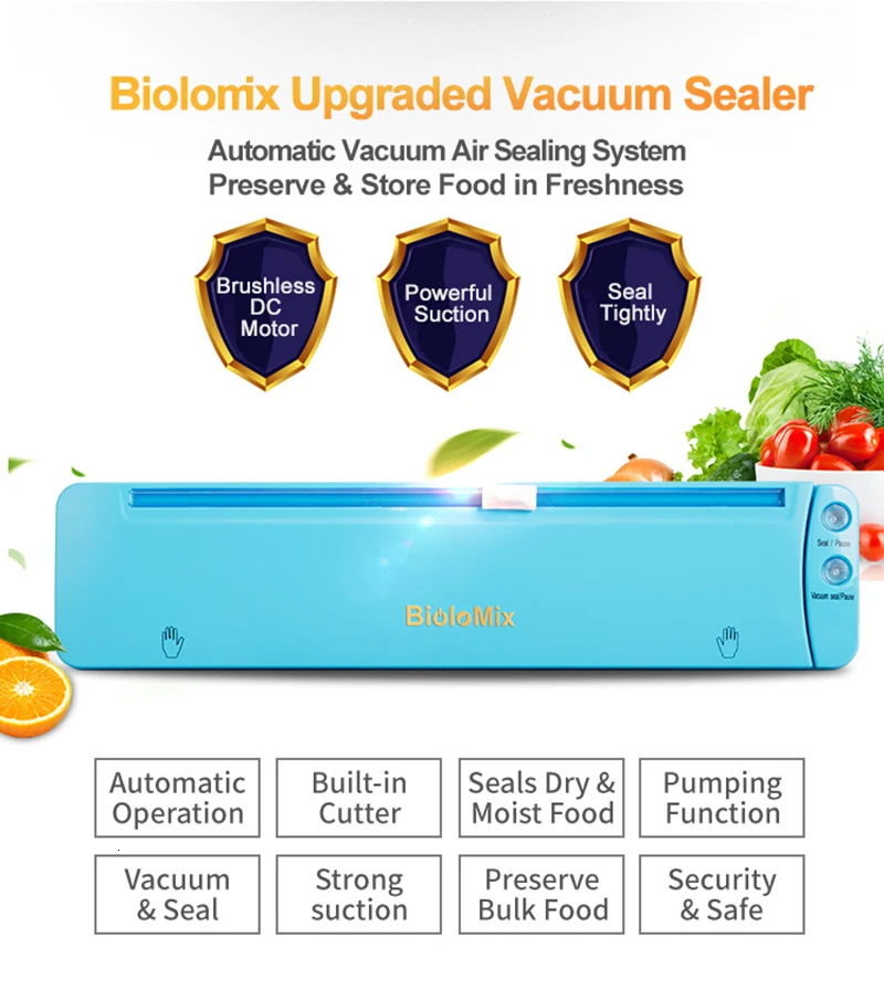 Biolomix вакуумный упаковщик со встроенным резаком 220 В автоматическая упаковочная машина для пищевых продуктов 10 бесплатных пакетов лучший вакуумный упаковщик для кухни синий