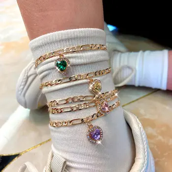 JJFOUCS 2Pcs/Set Gold Color Copper Anklet Shining Heart Crystal Foot Bracelet Girls 2020 Fashion Summer Beach Foot Jewelry