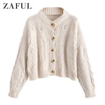 

ZAFUL Loose Single Button Up Cable Knit Cardigan Round Neck Solid Short Cardigan Elastic Long Sleeve Women Autumn Warm Cardigan
